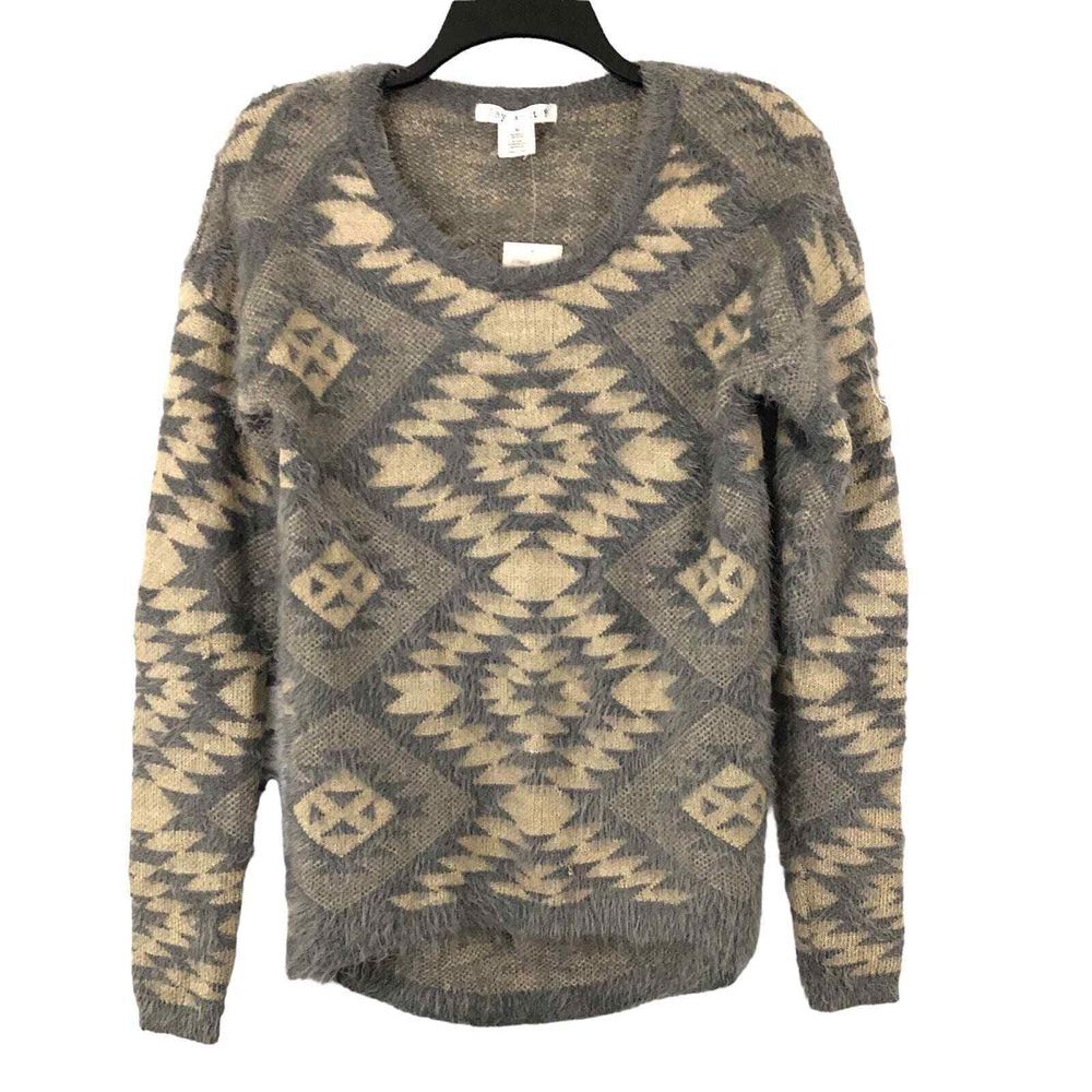 Say What Juniors SZ M Pullover Eyelash Knit Gray and Taupe Print Sweater